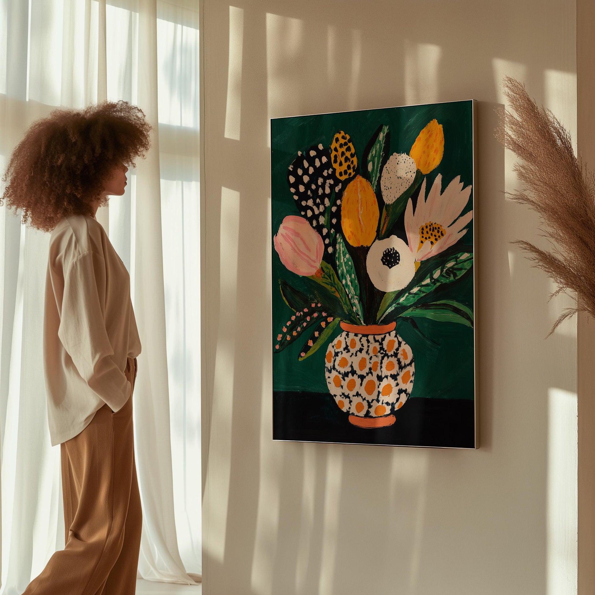 Colorful Flower Bouquet Wall Art Print Modern Vase Painting Large Canvas Botanical Artwork for Dining Room or Living Room
