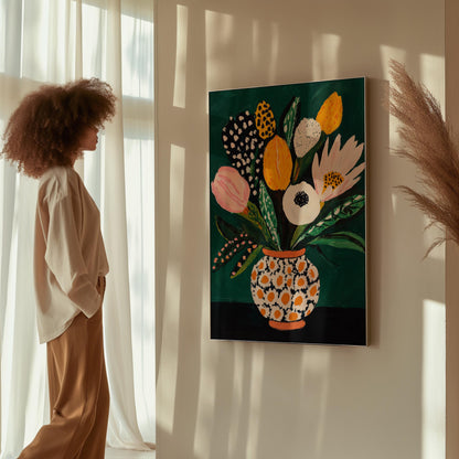 Colorful Flower Bouquet Wall Art Print Modern Vase Painting Large Canvas Botanical Artwork for Dining Room or Living Room