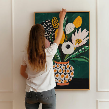 Colorful Flower Bouquet Wall Art Print Modern Vase Painting Large Canvas Botanical Artwork for Dining Room or Living Room