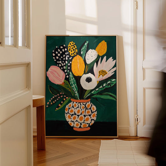 Colorful Flower Bouquet Wall Art Print Modern Vase Painting Large Canvas Botanical Artwork for Dining Room or Living Room