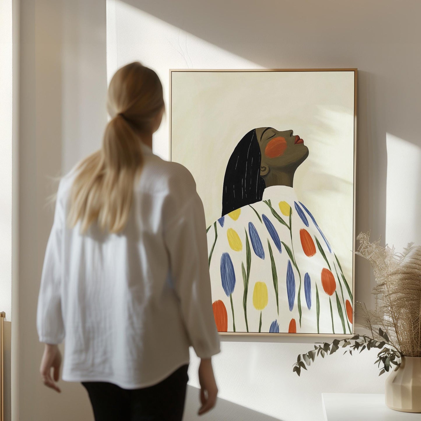 Modern Portrait Wall Art Print Woman in Floral Dress Abstract Canvas Painting Large Contemporary Artwork for Bedroom or Living Room