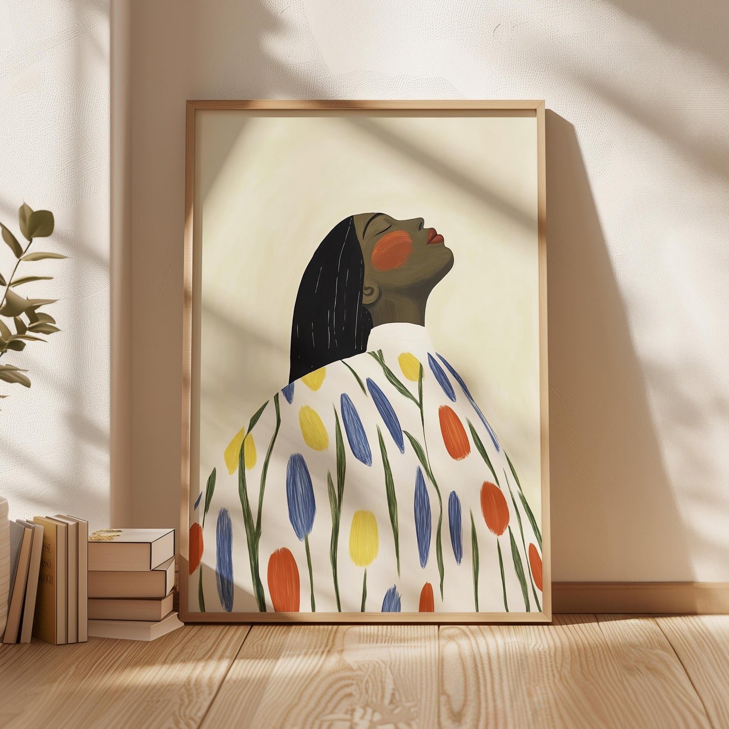 Modern Portrait Wall Art Print Woman in Floral Dress Abstract Canvas Painting Large Contemporary Artwork for Bedroom or Living Room