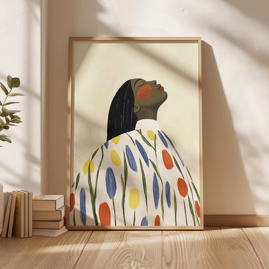 Modern Portrait Wall Art Print Woman in Floral Dress Abstract Canvas Painting Large Contemporary Artwork for Bedroom or Living Room