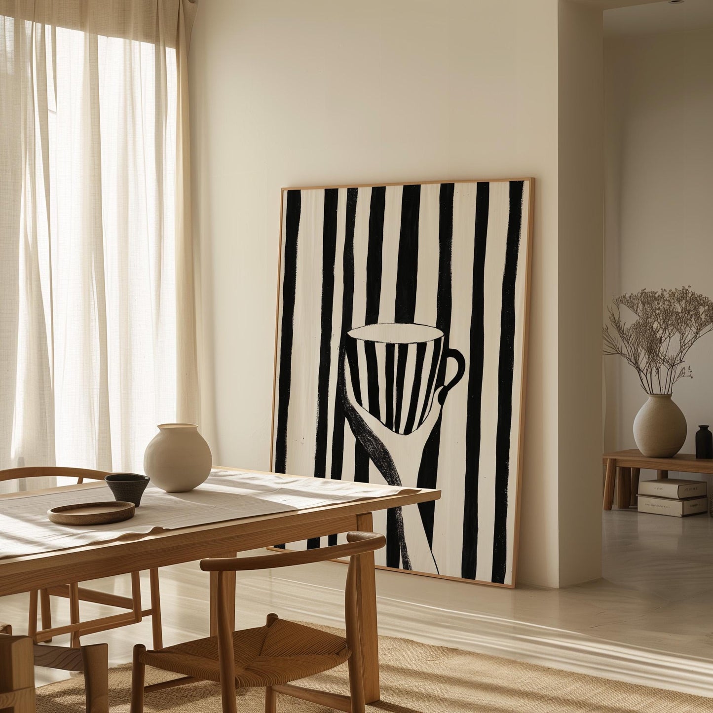 Minimalist Black and White Coffee Cup Wall Art Print Abstract Modern Canvas Painting Large Kitchen or Dining Room Decor