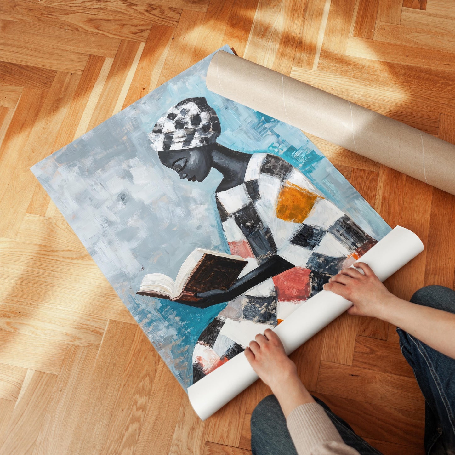 African Woman Reading Book Wall Art Print Colorful Modern Abstract Canvas Painting Large Living Room or Office Decor