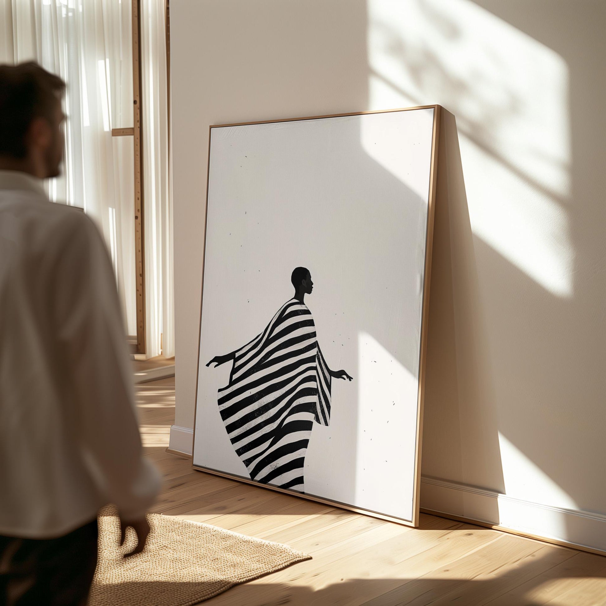 Minimalist Silhouette Wall Art Print Black and White Striped Robe Canvas Modern Portrait Large Living Room Bedroom Decor