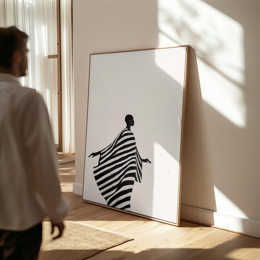 Minimalist Silhouette Wall Art Print Black and White Striped Robe Canvas Modern Portrait Large Living Room Bedroom Decor