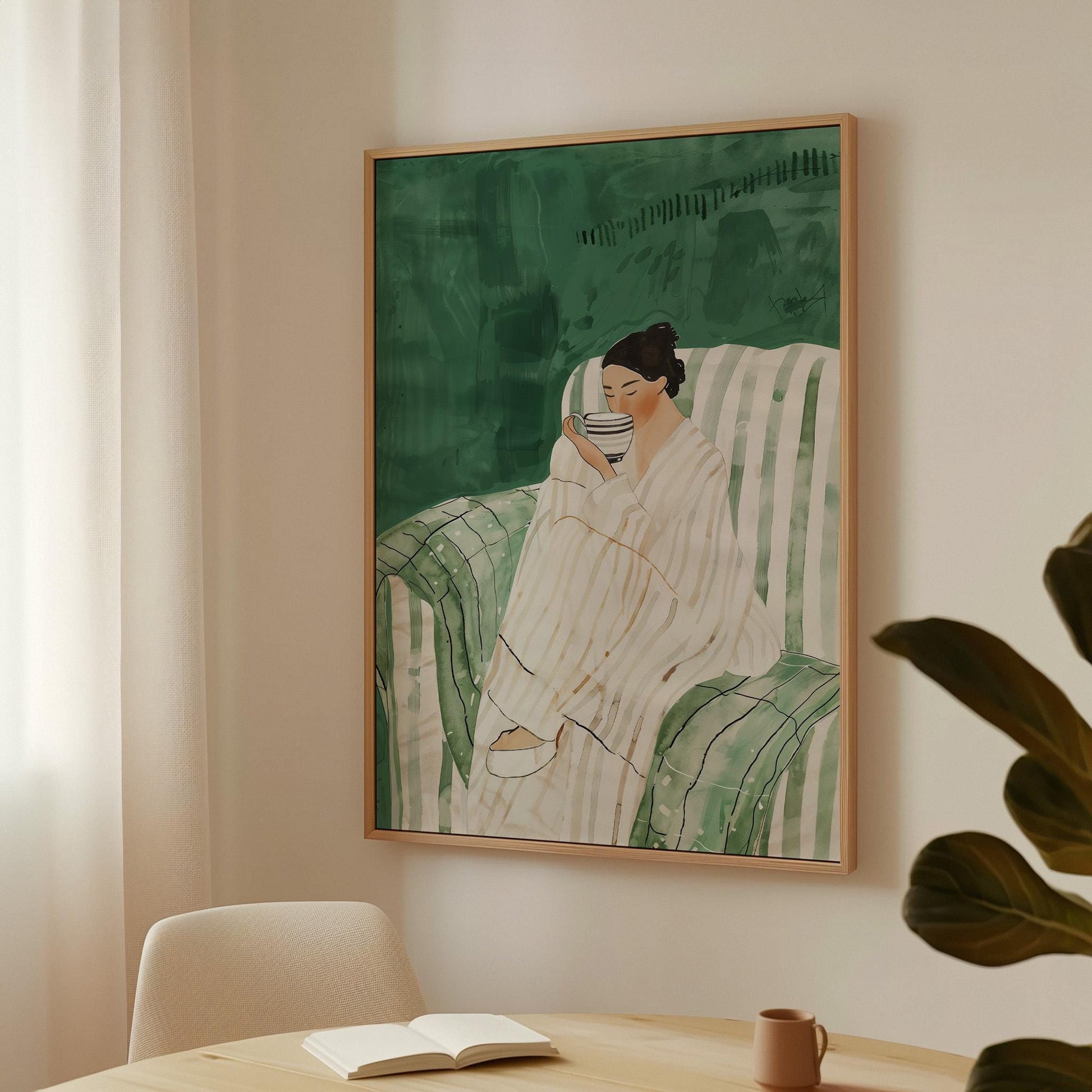 Relaxed Woman with Coffee Wall Art Print Minimalist Canvas Green Chair Large Modern Living Room Bedroom Decor