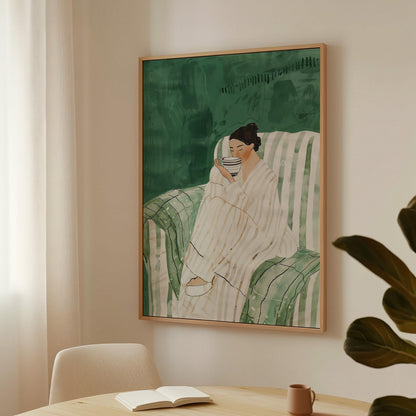 Relaxed Woman with Coffee Wall Art Print Minimalist Canvas Green Chair Large Modern Living Room Bedroom Decor