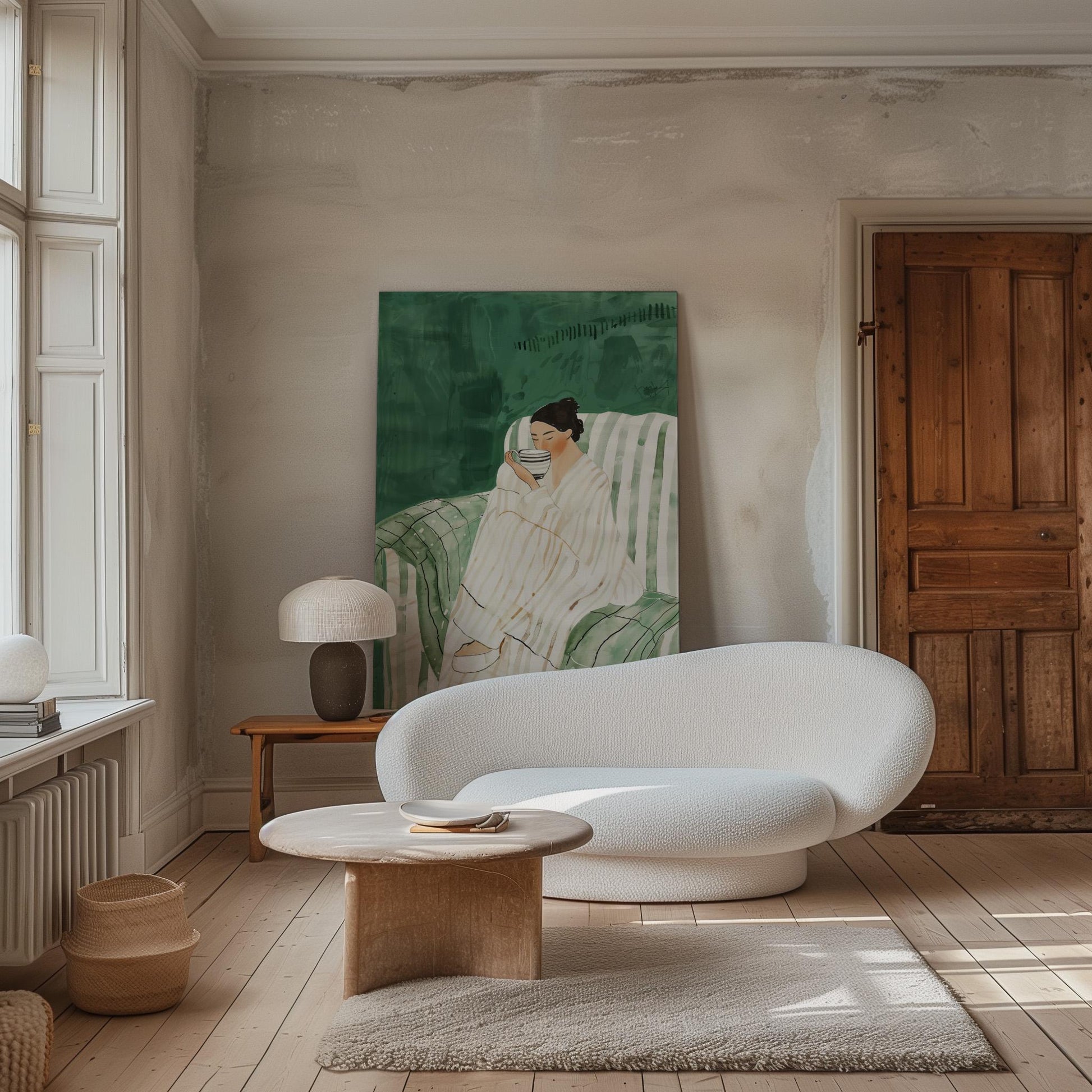 Relaxed Woman with Coffee Wall Art Print Minimalist Canvas Green Chair Large Modern Living Room Bedroom Decor