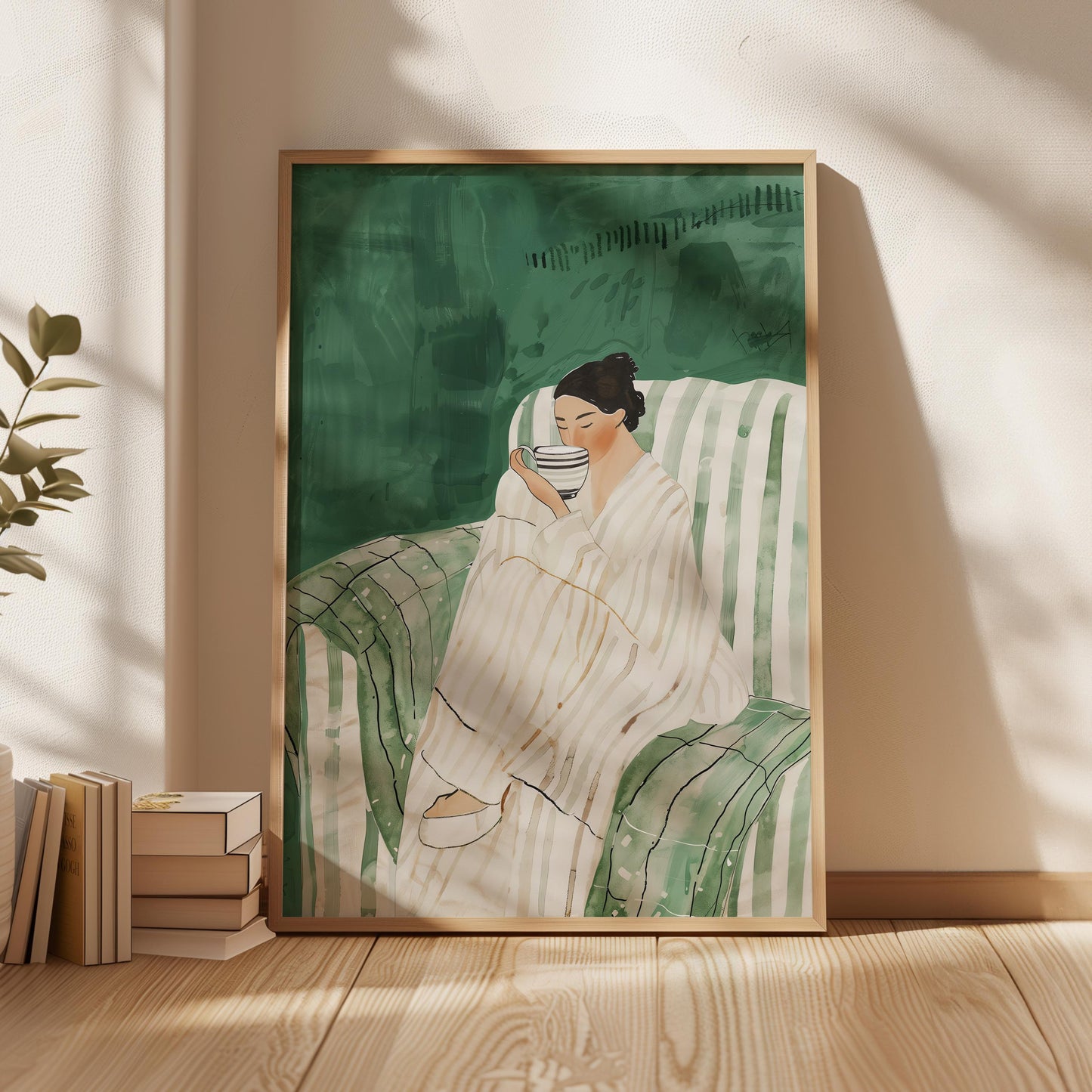 Relaxed Woman with Coffee Wall Art Print Minimalist Canvas Green Chair Large Modern Living Room Bedroom Decor