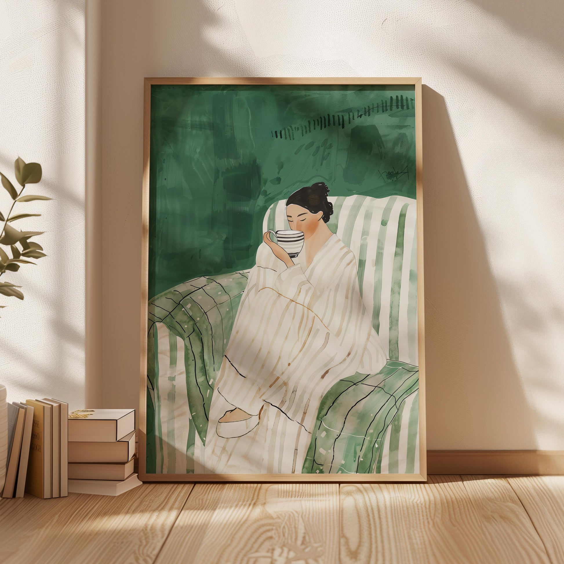 Relaxed Woman with Coffee Wall Art Print Minimalist Canvas Green Chair Large Modern Living Room Bedroom Decor