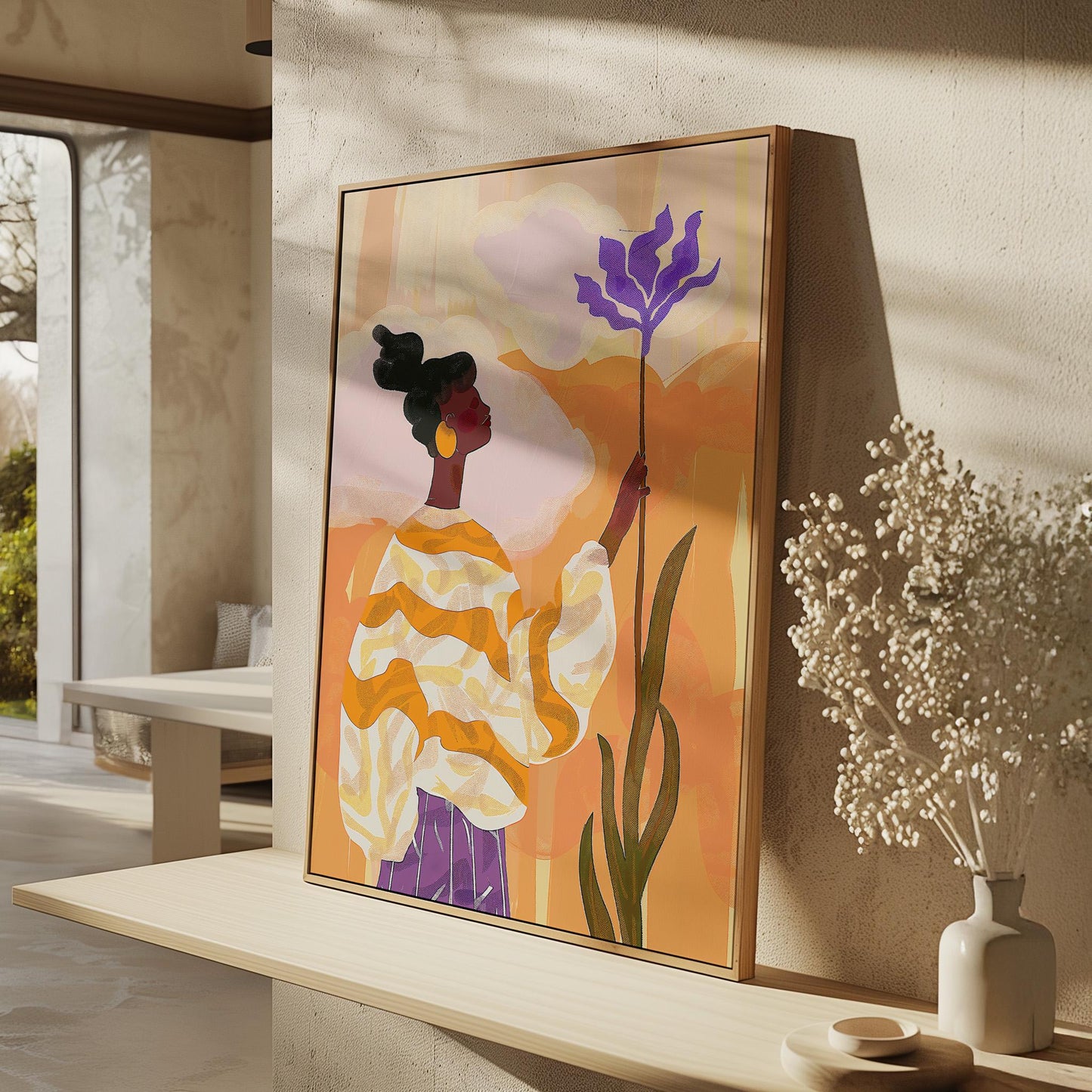 Colorful Woman with Flower Wall Art Print Modern Abstract Canvas Orange Purple Large Living Room Bedroom Decor