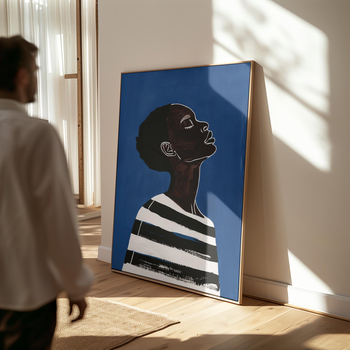 Modern Woman Wall Art Blue Canvas Print Abstract Minimalist Black White Stripes Large Living Room Bedroom Decor