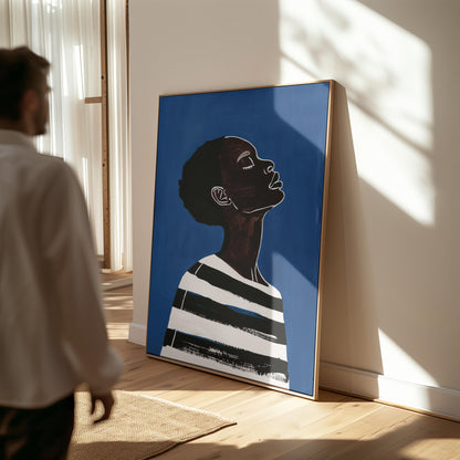 Modern Woman Wall Art Blue Canvas Print Abstract Minimalist Black White Stripes Large Living Room Bedroom Decor