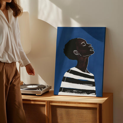 Modern Woman Wall Art Blue Canvas Print Abstract Minimalist Black White Stripes Large Living Room Bedroom Decor