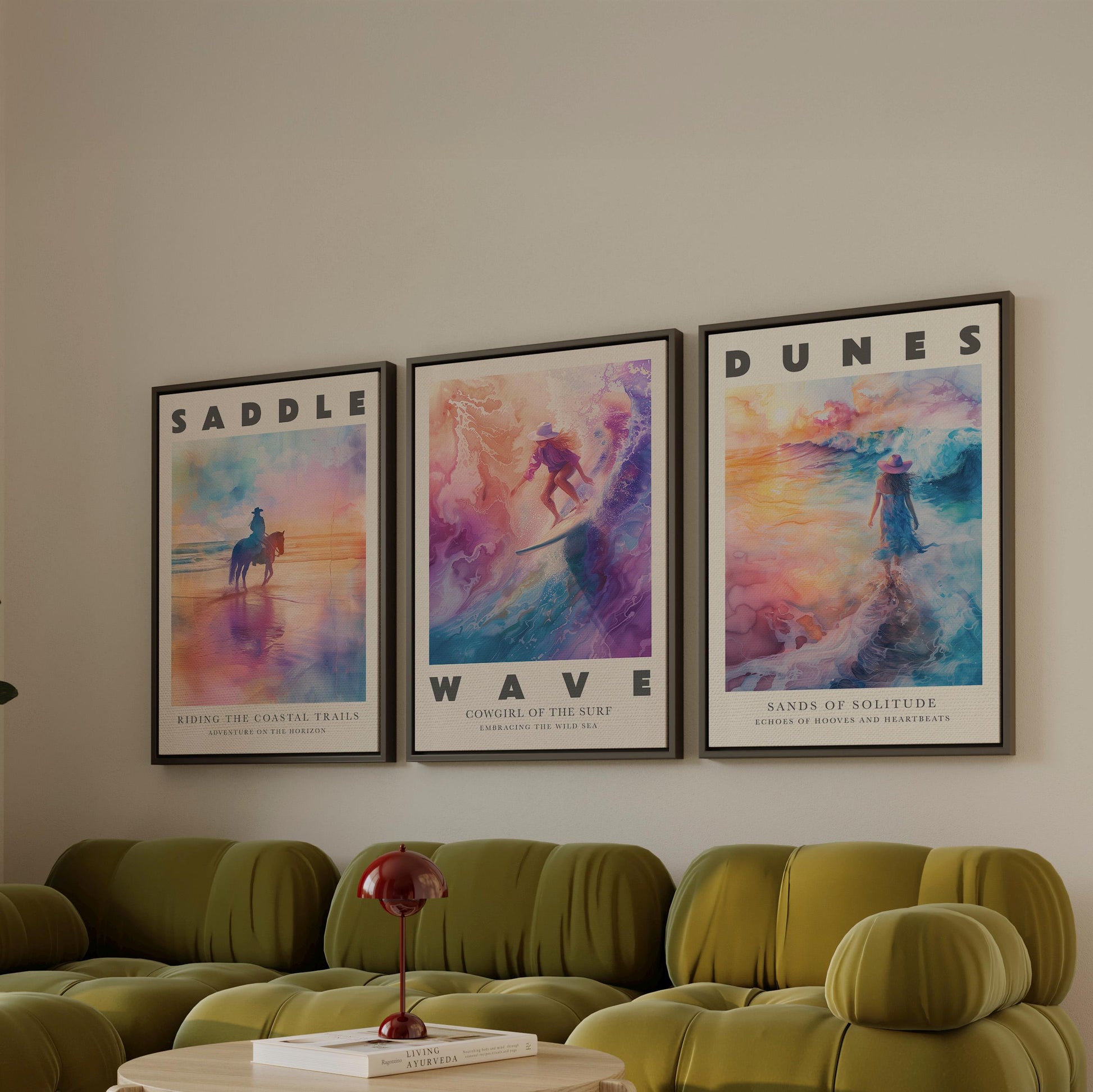 Cowgirl Canvas Wall Art Set of 3 Coastal Western Desert and Surf Prints Colorful Sunset Artwork for Living Room or Bedroom