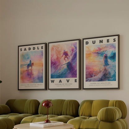 Cowgirl Canvas Wall Art Set of 3 Coastal Western Desert and Surf Prints Colorful Sunset Artwork for Living Room or Bedroom