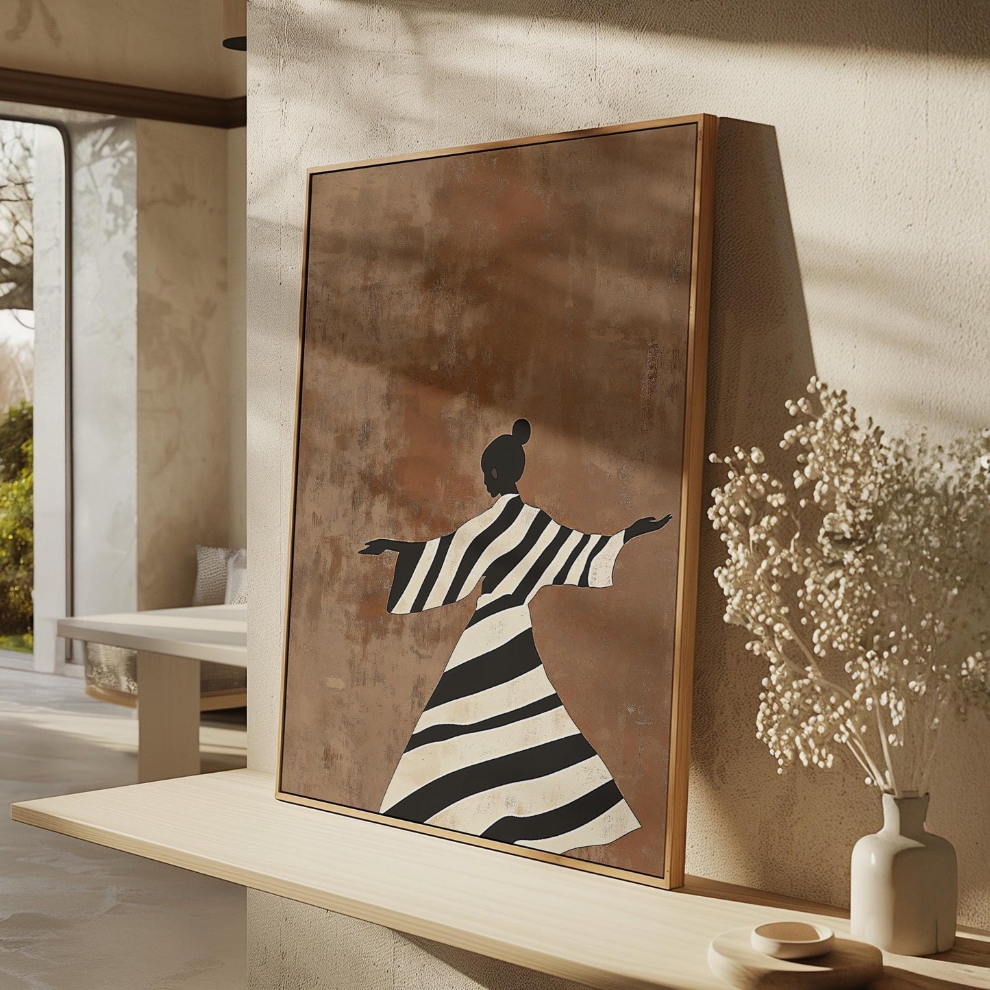 Minimalist Striped Woman Wall Art, Brown Modern Canvas Print, Large Neutral Decor for Living Room or Office