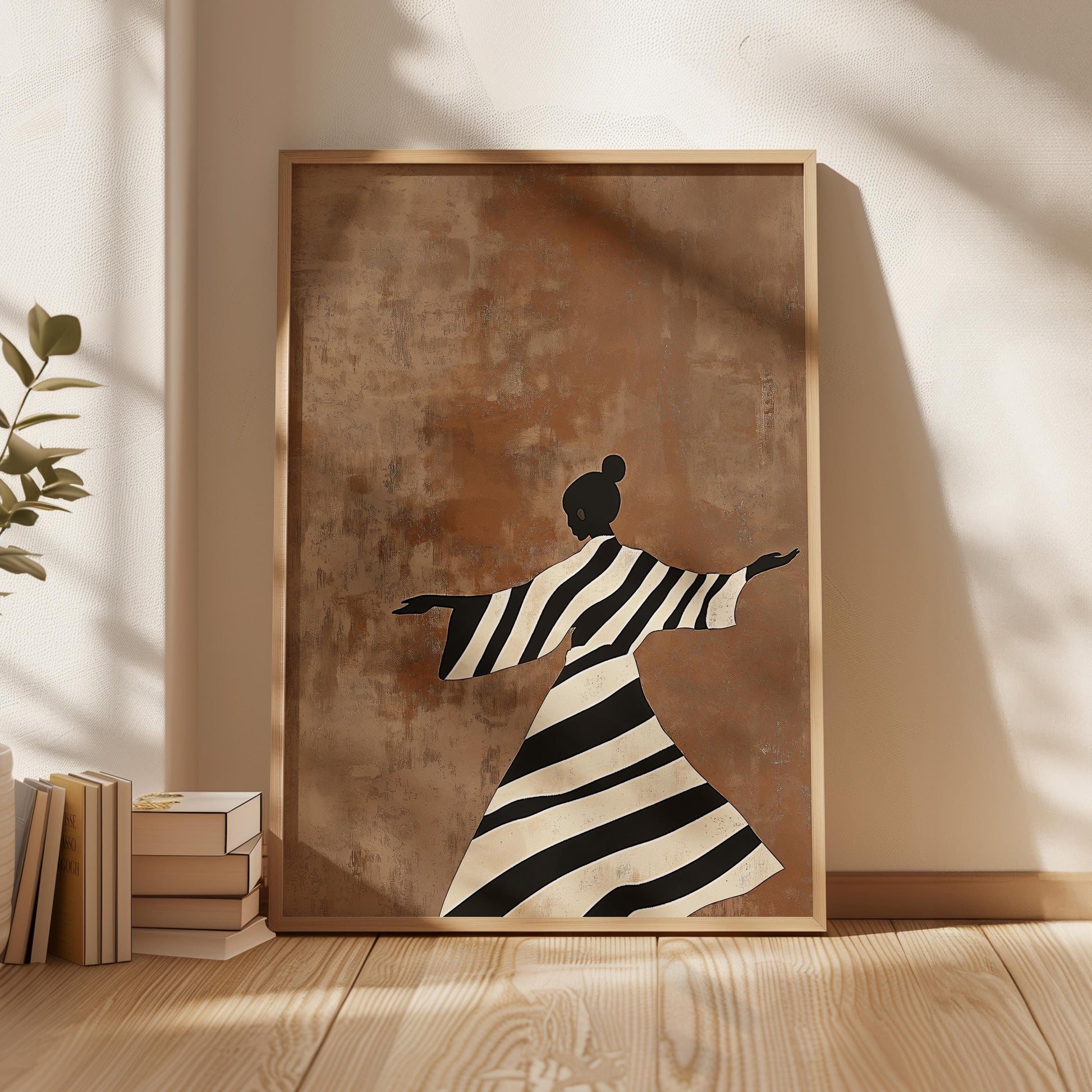 Minimalist Striped Woman Wall Art, Brown Modern Canvas Print, Large Neutral Decor for Living Room or Office
