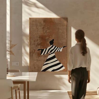 Minimalist Striped Woman Wall Art, Brown Modern Canvas Print, Large Neutral Decor for Living Room or Office