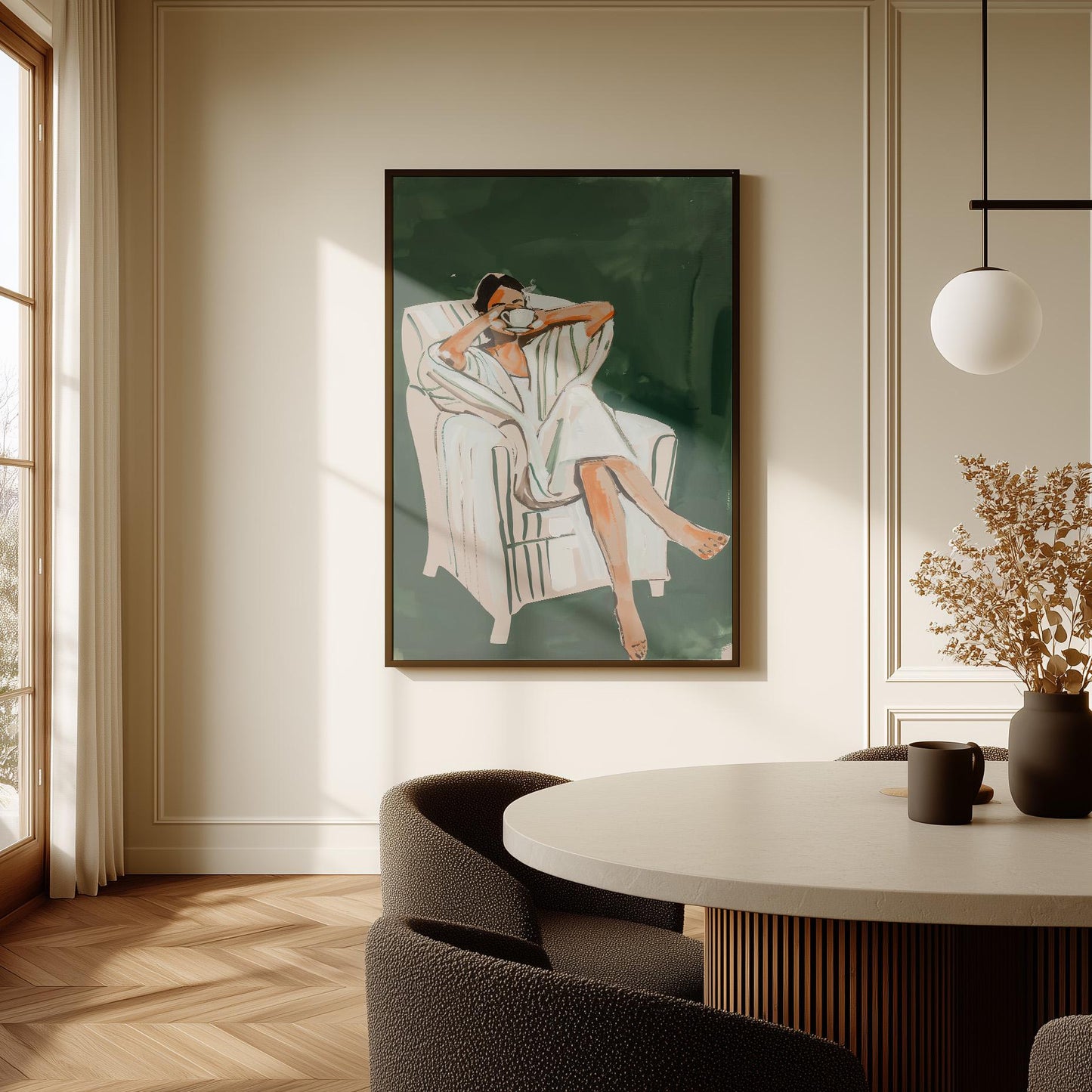 Relaxed Woman Drinking Coffee Canvas Wall Art, Minimalist Green Print, Modern Large Wall Decor for Bedroom or Living Room