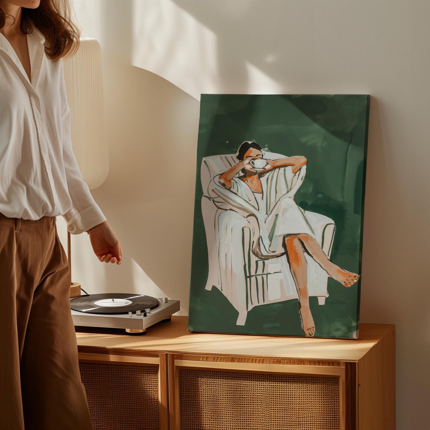 Relaxed Woman Drinking Coffee Canvas Wall Art, Minimalist Green Print, Modern Large Wall Decor for Bedroom or Living Room