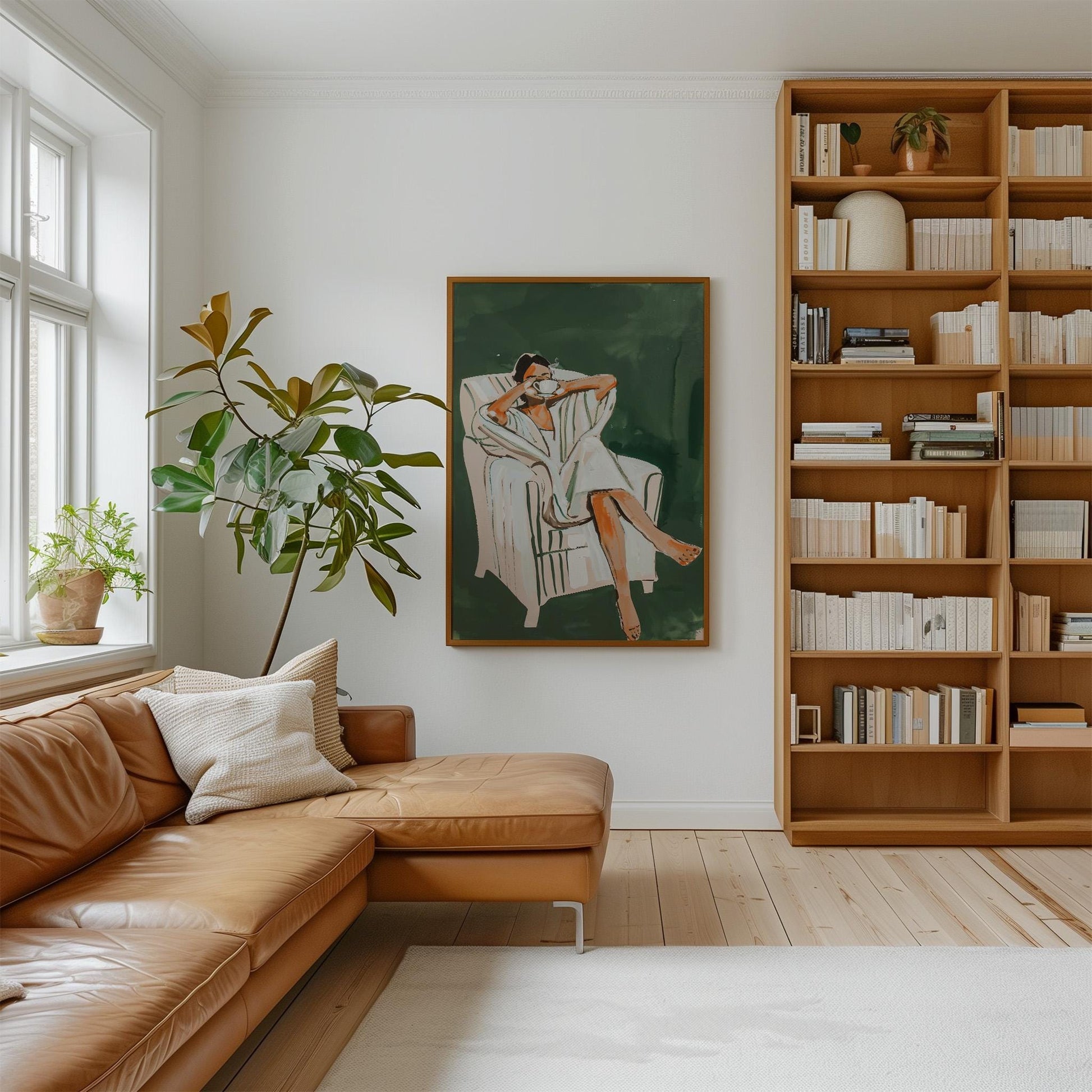 Relaxed Woman Drinking Coffee Canvas Wall Art, Minimalist Green Print, Modern Large Wall Decor for Bedroom or Living Room