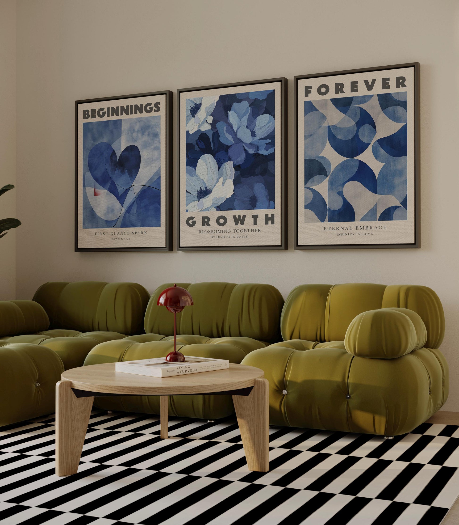 Blue Love Canvas Wall Art Set of 3 Romantic Abstract Prints Beginnings Growth Forever Anniversary Artwork for Bedroom or Living Room