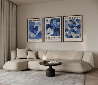 Blue Love Canvas Wall Art Set of 3 Romantic Abstract Prints Beginnings Growth Forever Anniversary Artwork for Bedroom or Living Room