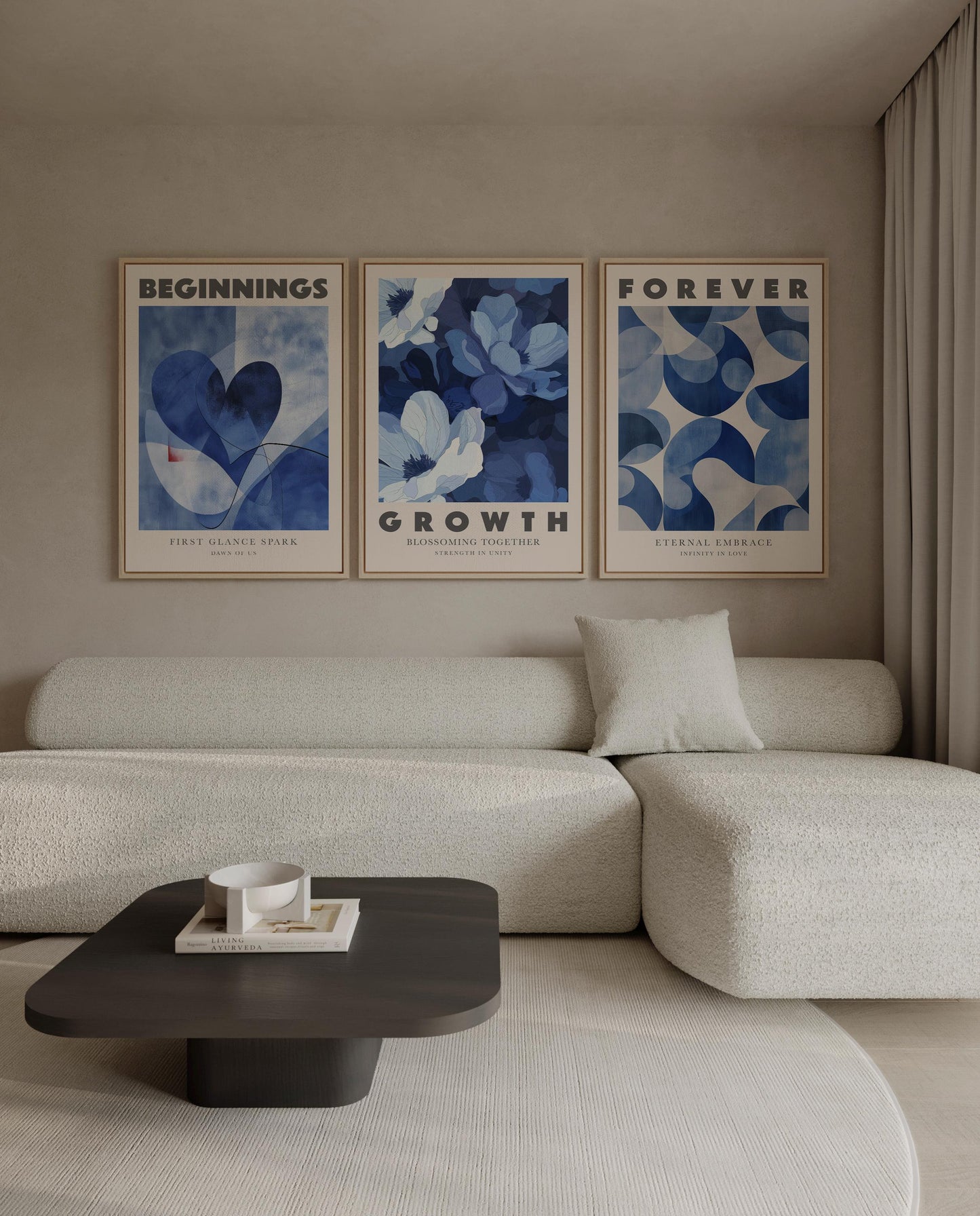 Blue Love Canvas Wall Art Set of 3 Romantic Abstract Prints Beginnings Growth Forever Anniversary Artwork for Bedroom or Living Room