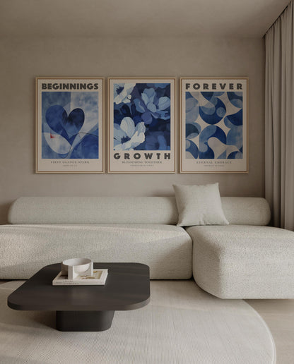 Blue Love Canvas Wall Art Set of 3 Romantic Abstract Prints Beginnings Growth Forever Anniversary Artwork for Bedroom or Living Room