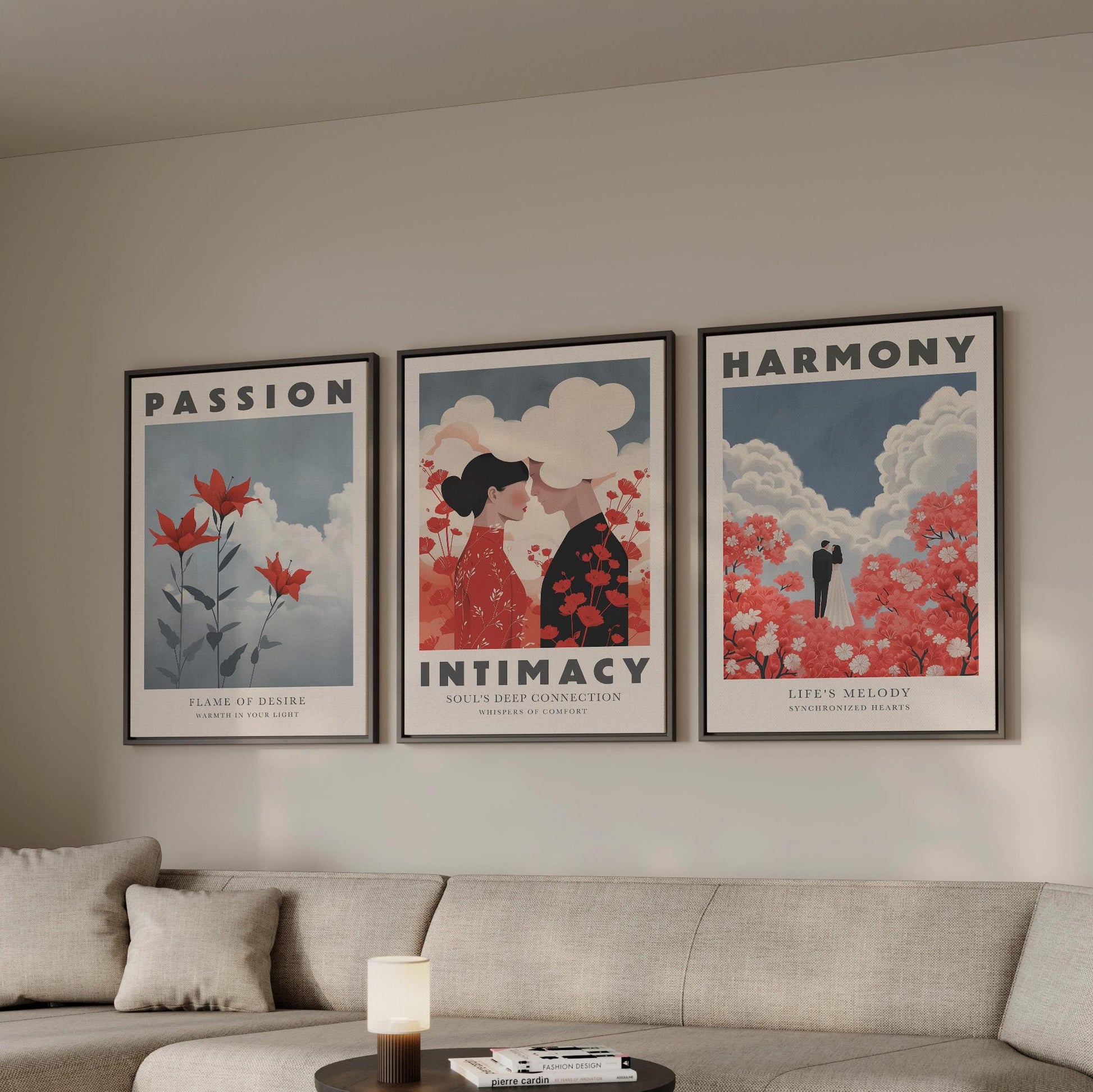 Romantic Canvas Wall Art Set of 3 Passion Intimacy Harmony Modern Love Posters Wedding Anniversary Gift for Bedroom or Living Room