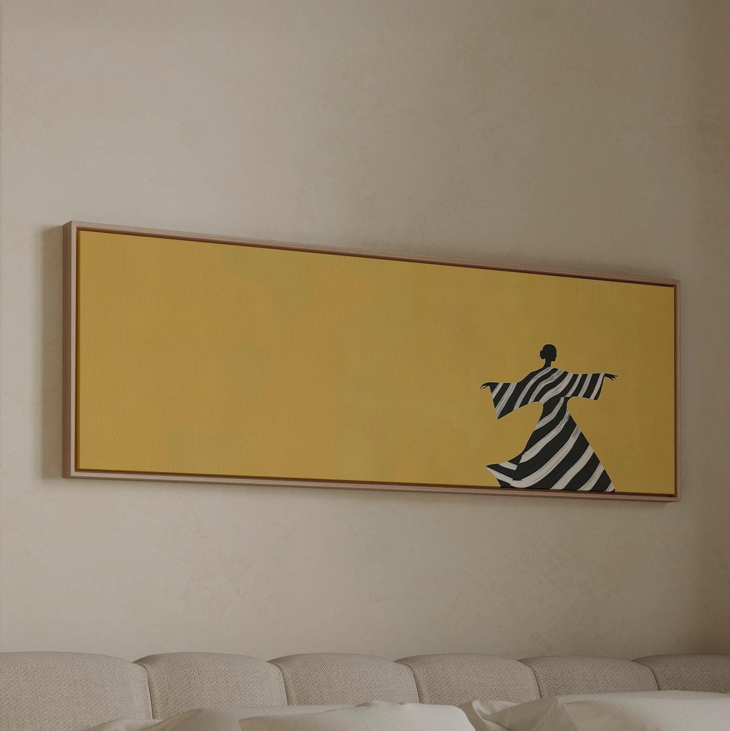 Giclée Panoramic Canvas Print: Woman in Striped Dress, Yellow Background