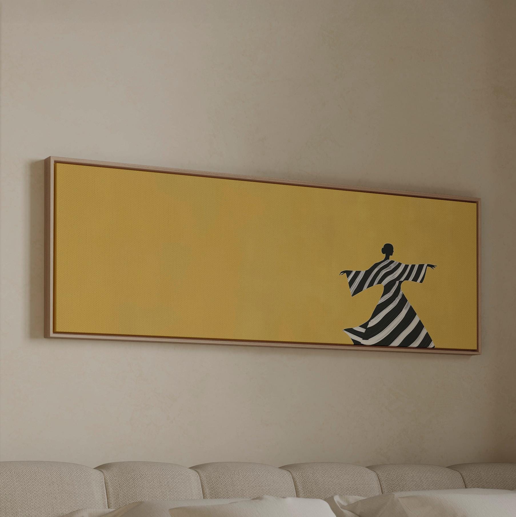 Giclée Panoramic Canvas Print: Woman in Striped Dress, Yellow Background
