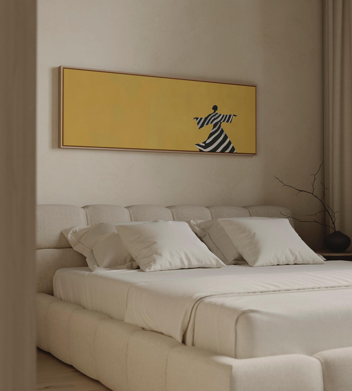 Giclée Panoramic Canvas Print: Woman in Striped Dress, Yellow Background