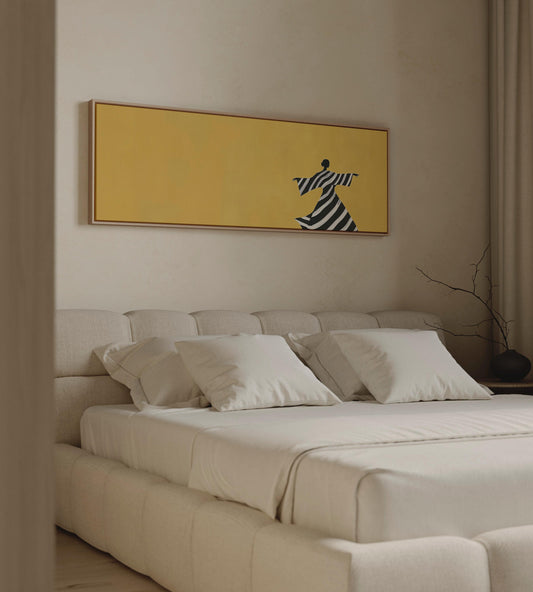 Giclée Panoramic Canvas Print: Woman in Striped Dress, Yellow Background