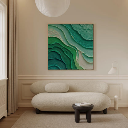 Green Textured Canvas Wall Art: Modern Square Abstract Painting in Teal and Emerald Tones
