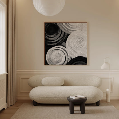 Black and White Textured Canvas Wall Art: Large Square Abstract Circles Painting for Modern Interiors