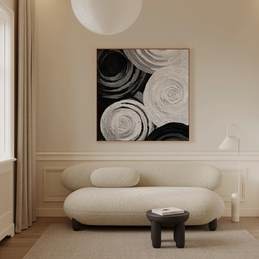 Black and White Textured Canvas Wall Art: Large Square Abstract Circles Painting for Modern Interiors