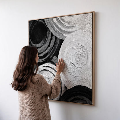 Black and White Wall Art:  Abstract Circles - Floating Frame Option