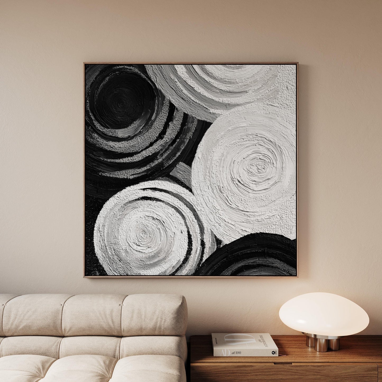 Black and White Textured Canvas Wall Art: Large Square Abstract Circles Painting for Modern Interiors