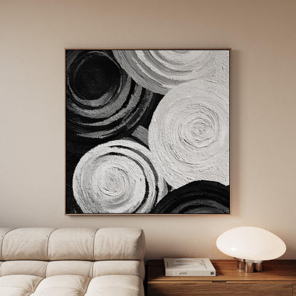 Black and White Textured Canvas Wall Art: Large Square Abstract Circles Painting for Modern Interiors