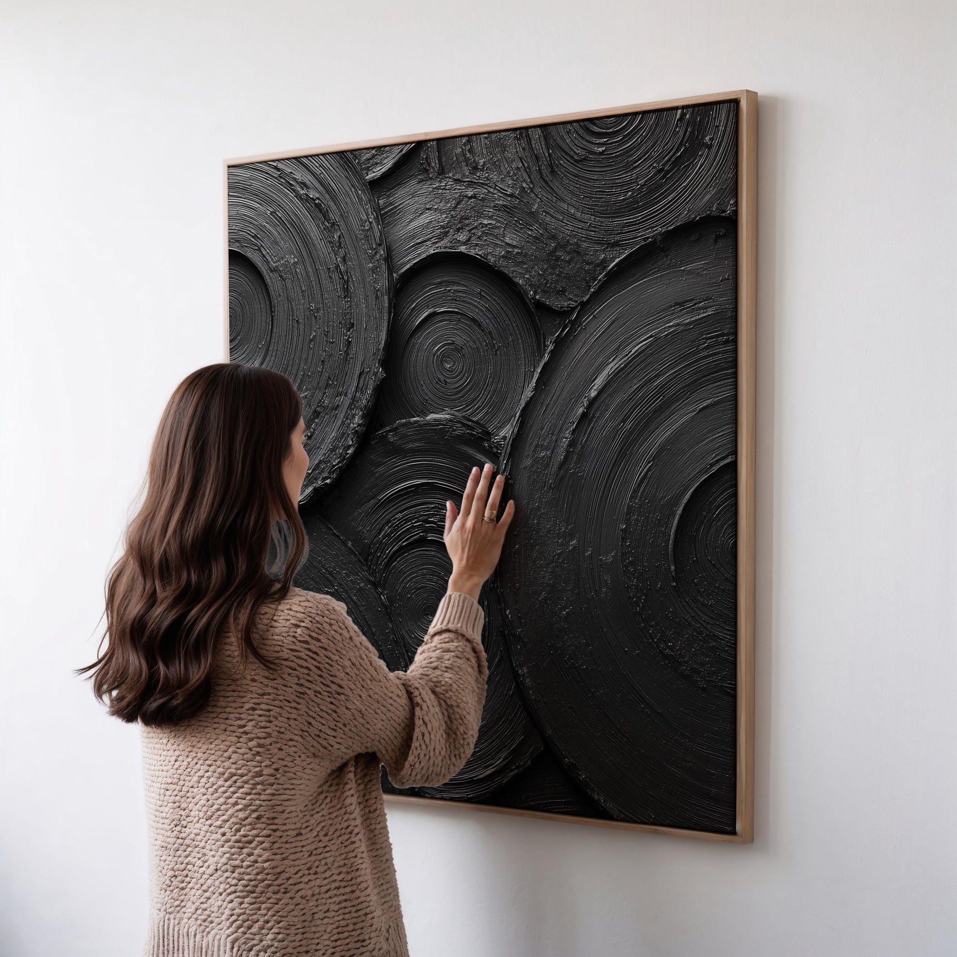 Black Textured Canvas Wall Art: Large Square Abstract Circles Painting, Modern Minimalist Framed Artwork for Living Room