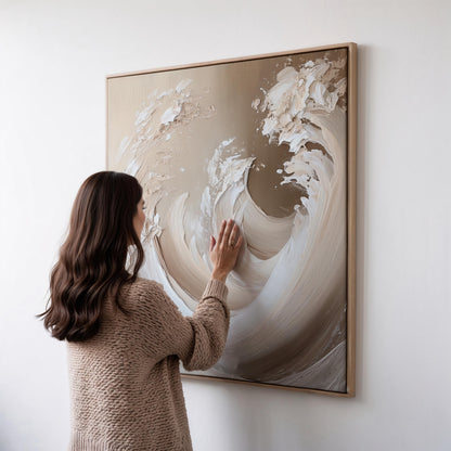 Canvas Wall Art: Beige Wave Abstract - Floating Wood Frame Option