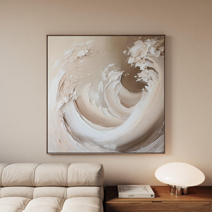 Beige Wave Canvas Wall Art: Large Square Abstract Ocean Inspired Painting
