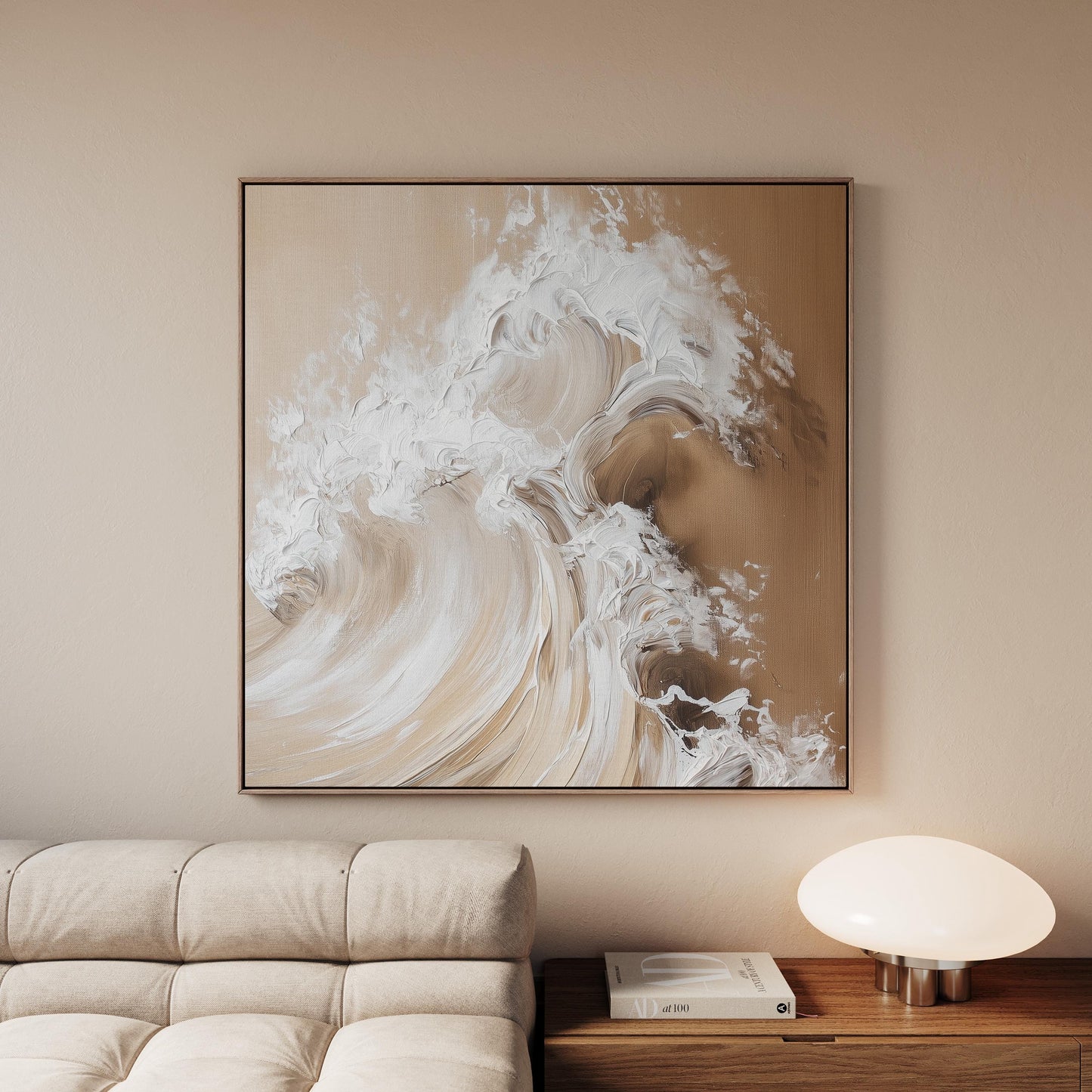 Golden Beige Wave Canvas Wall Art: Large Abstract Ocean Inspired Square Painting