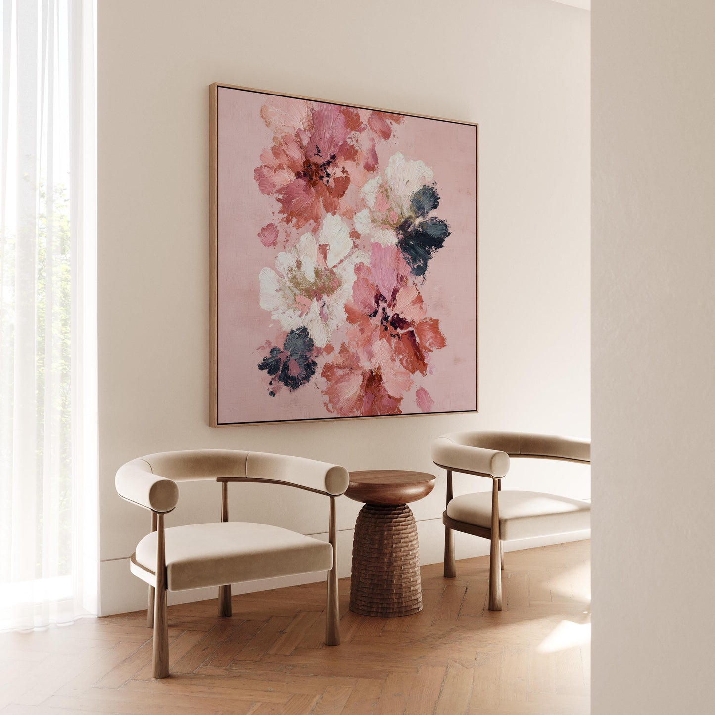 Floral Wall Art: Pink and Coral Abstract Flowers (Large Square Canvas)