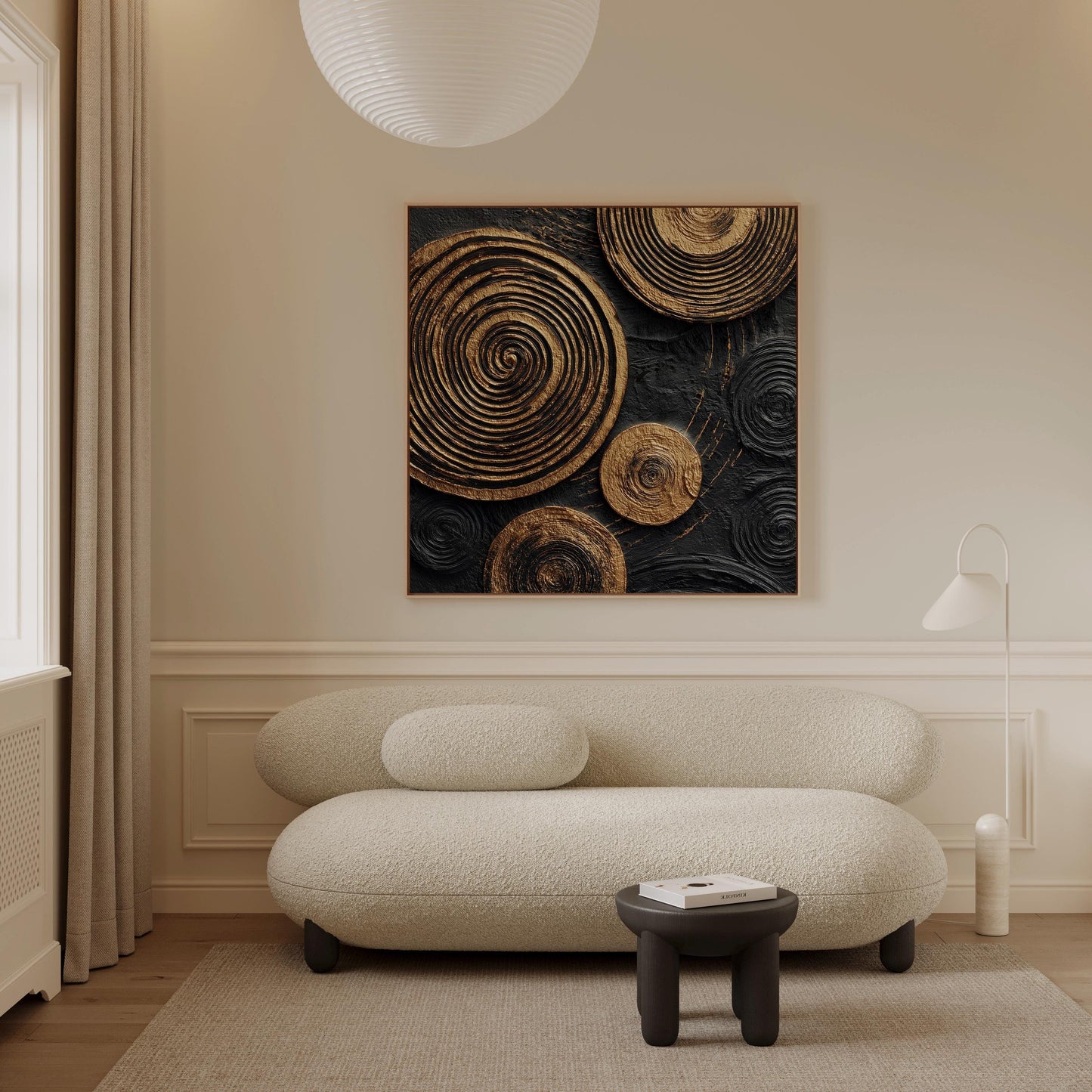 Gold Spiral Texture Canvas Wall Art: Black and Gold Abstract Painting, Large Modern Artwork, Luxury Square Wall Decor for Living Room