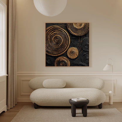 Gold Spiral Texture Canvas Wall Art: Black and Gold Abstract Painting, Large Modern Artwork, Luxury Square Wall Decor for Living Room